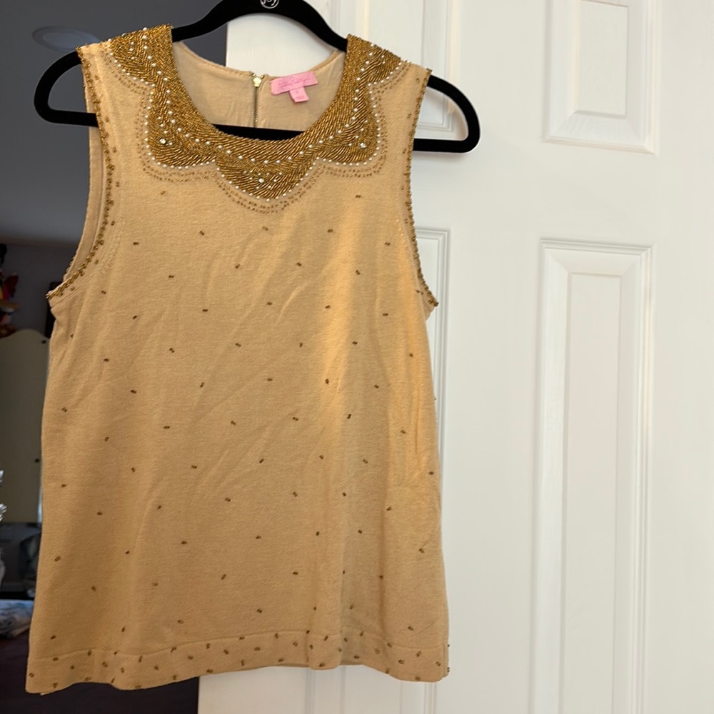 Lilly Pulitzer L beaded tan gold beaded shell